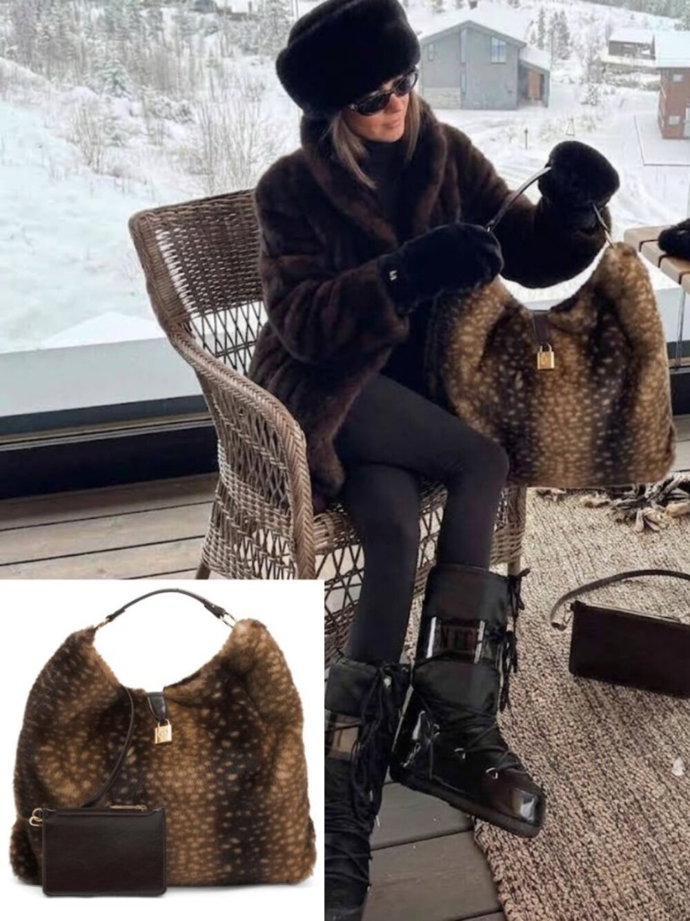 Betsey Johnson Deer Print Faux Fur Hobo Bag Brown Tan Detachable Pouch NWT